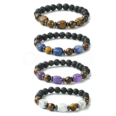 Natural Mixed Gemstone Cuboid & Lava Rock Round Beaded Stretch Bracelet BJEW-JB09795-1