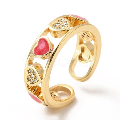 Cubic Zirconia Heart Open Cuff Ring with Enamel RJEW-H101-39G-1