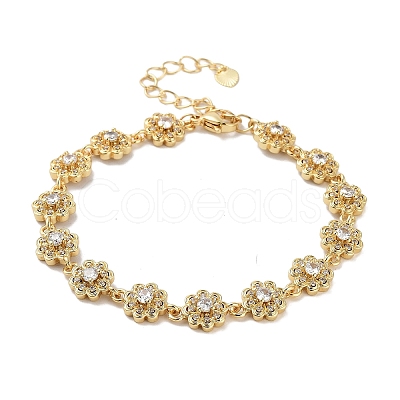 Rack Plating Brass Pave Clear Cubic Zirconia Flower Link Chain Bracelets for Women BJEW-R317-15G-1