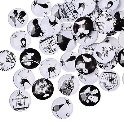 100Pcs Retro Black and White Picture Glass Cabochons GGLA-SZ0001-29-1