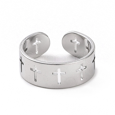 Non-Tarnish 304 Stainless Steel Hollow Out Cross Open Cuff Ring for Women RJEW-C053-02P-1