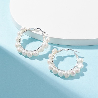 Natural Pearl Wire Wrapped Beaded Hoop Earrings for Women EJEW-JE04758-02-1