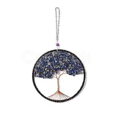 Wire Wrapped Chips Natural Lapis Lazuli Big Pendant Decorations HJEW-A005-07A-1