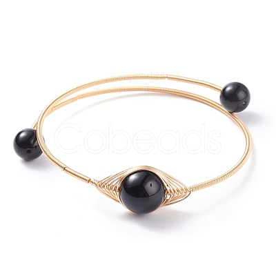 Natural Gemstone Round Beaded Bangle BJEW-JB07816-1