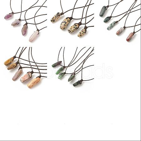 5Pcs 5 Style Natural Mixed Gemstone Nuggets Pendant Necklace with Cowhide Leather Cord for Women NJEW-SZ0001-58-1