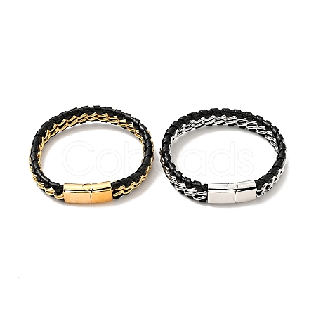 Leather & 304 Stainless Steel Braided Curb Chains Cord Bracelet with Magnetic Clasp for Men Women BJEW-C021-19-1