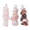 Gradient Color Natural Rose Quartz & Natural Rhodonite & Natural Pink Opal Chip Beaded Pendants, with 304 Stainless Steel Loops, Stainless Steel Color, 28~34x7~10x7~10mm, Hole: 2x3mm, 3pcs/set