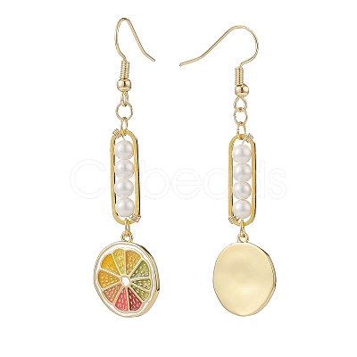 Shell Pearl with Enamel Lemon Dangle Earrings EJEW-TA00071-1