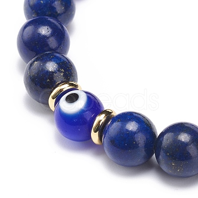 Natural Lapis Lazuli(Dyed) & Lampwork Evil Eye Round Beaded Stretch Bracelet BJEW-JB08713-05-1