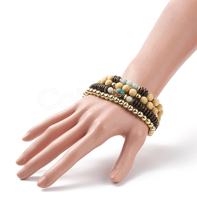 4Pcs 4 Style Natural Flower Amazonite & Synthetic Hematite & Wood Stretch Bracelets Set with Indonesia Beaded BJEW-JB08360-1