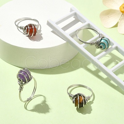 4Pcs 4 Style Natural Mixed Gemstone Round Beaded Finger Rings Set RJEW-TA00076-1