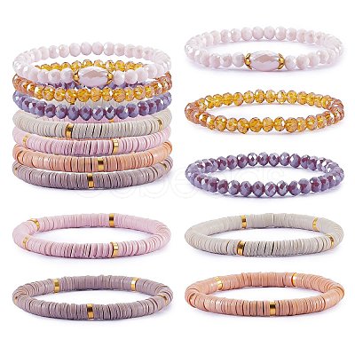 7Pcs 7 Style Handmade Polymer Clay Heishi Surfer Stretch Bracelets Set BJEW-SW00073-04-1