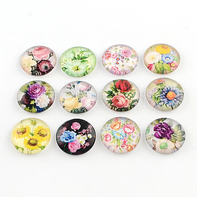 Half Round/Dome Floral Pattern Glass Flatback Cabochons for DIY Projects X-GGLA-Q037-25mm-M16-1