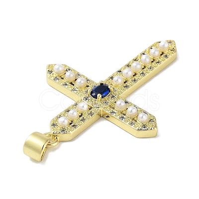 Rack Plating Brass Micro Pave Cubic Zirconia & Imitation Pearl Pendants KK-R163-02G-02-1