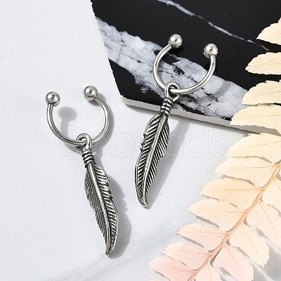 Feather 316 Surgical Stainless Steel Dangle Half Hoop Earrings for Women EJEW-G416-46AS-1