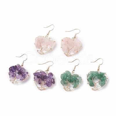 Natural Gemstone Chips Braided Heart with Tree of Life Dangle Earrings EJEW-JE04882-1