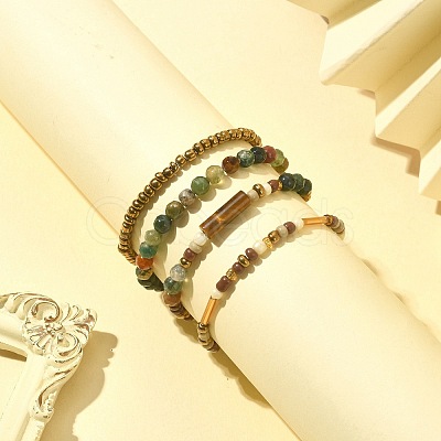 4Pcs 4 Style Natural Indian Agate & Tiger Eye & Seed Beaded Stretch Bracelets Set BJEW-JB09458-1