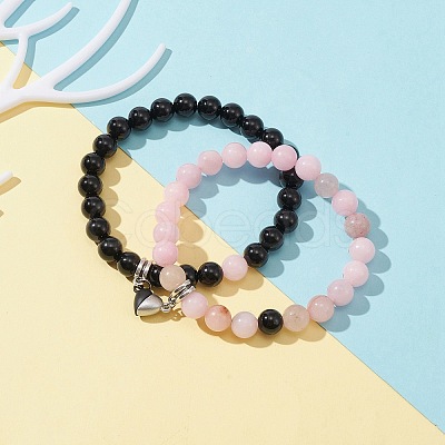 2Pcs 2 Style Natural Black Onyx & Plum Blossom Jasper Beaded Stretch Bracelets Set BJEW-TA00285-1