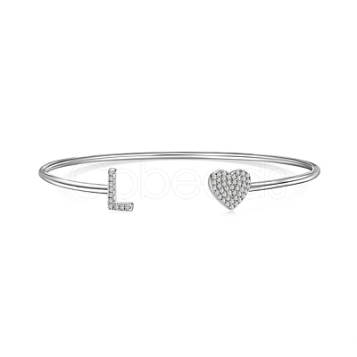 Anti-Tarnish Heart & Letter Rhodium Plated 925 Sterling Silver Micro Pave Cubic Zirconia Cuff Bangles for Women BJEW-C062-01L-P-1