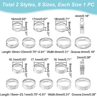 Unicraftale 16Pcs 16 Style 201 Stainless Steel Grooved Finger Ring Settings STAS-UN0044-17-1