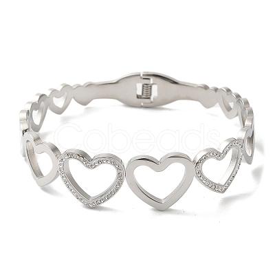 Titanium Steel Crystal Rhinestone Hollow Heart Hinged Bangles for Women BJEW-G719-19P-1