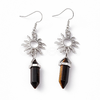 Natural Tiger Eye Bullet with Sun Dangle Earrings EJEW-I276-01P-08-1