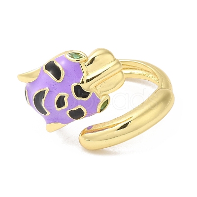 Enamel Leopard Open Cuff Ring with Cubic Zirconia RJEW-Q168-01G-1