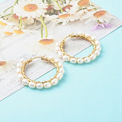 Natural Pearl Beads Brass Hoop Earrings EJEW-JE04565-1