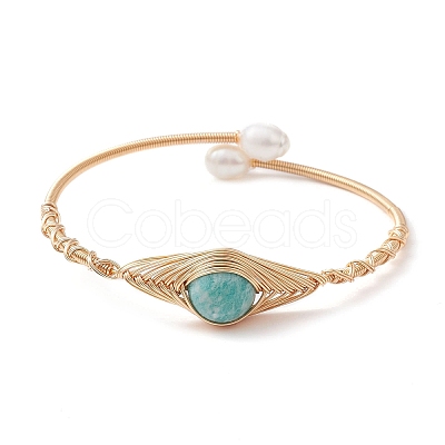 Natural Amazonite & Pearl Cuff Bangle BJEW-JB10119-02-1