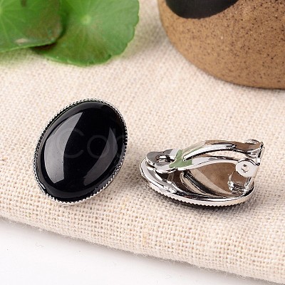 Natural Black Agate Oval Clip-on Earrings EJEW-J091-02-1