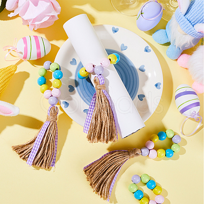 Easter Wood Beaded Napkin Rings with Tassels HJEW-WH0042-97-1