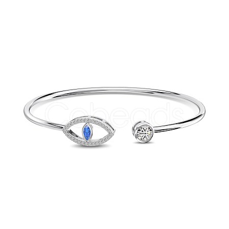 Evil Eye Rhodium Plated 925 Sterling Silver Micro Pave Cubic Zirconia Cuff Bangles for Women BJEW-C062-02P-1