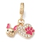 Rack Plating Alloy Hot Pink Enamel European Dangle Charms, Dog & Paw Print Large Hole Pendants with Crystal Rhinestone, Golden, 28mm, Hole: 5mm