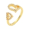 Heart Brass Micro Pave Clear Cubic Zirconia Open Cuff Rings for Women, Real 16K Gold Plated, Inner Diameter: 16mm