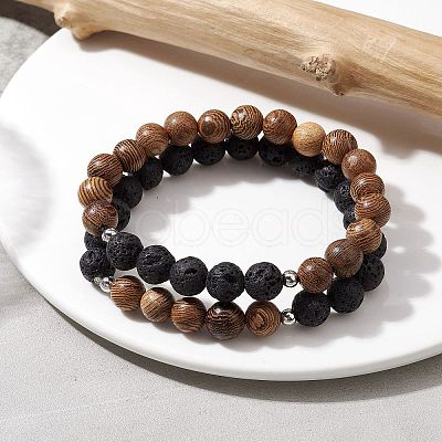 Natural Lava Rock & Wooden Round Beaded Stretch Bracelet BJEW-JB10075-01-1