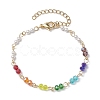 7 Chakra Faceted Glass & 3mm Round Shell Pearl Link Bracelets for Women BJEW-JB10379-1