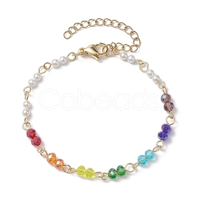 7 Chakra Faceted Glass & 3mm Round Shell Pearl Link Bracelets for Women BJEW-JB10379-1