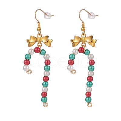 Glass Christmas Candy Cane with Alloy Bowknot Dangle Earrings EJEW-JE04971-01-1