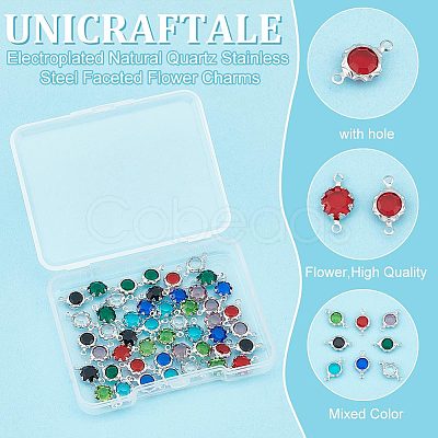 Unicraftale 48Pcs 8 Colors Electroplated Natural Quartz Stainless Steel Faceted Flower Connector Charms STAS-UN0056-91-1