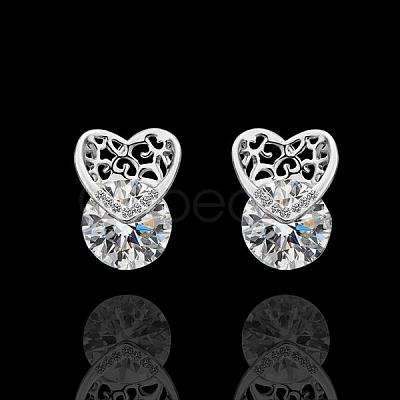 Heart Real Platinum Plated Eco-Friendly Tin Alloy Cubic Zirconia Stud Earrings EJEW-BB13459-1