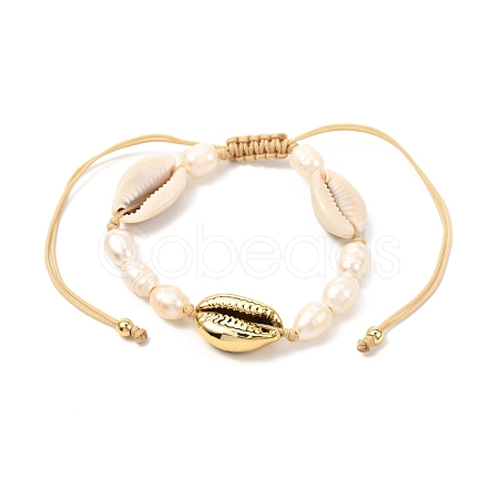 Natural Pearl & Cowrie Shell Braided Bead Bracelet for Teen Girl Women BJEW-JB07063-1