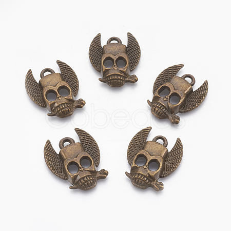 Tibetan Style Alloy Skull with Wing and Rose Pendants X-TIBEP-A408-AB-NR-1