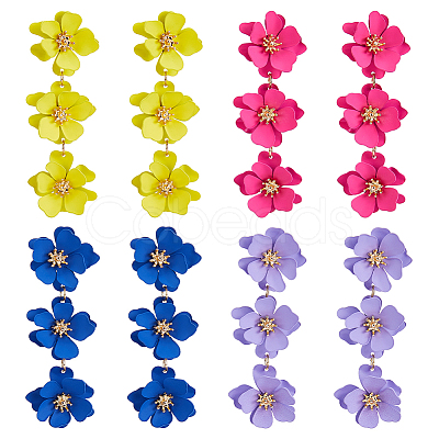 FIBLOOM 4 Pairs 4 Colors Alloy Flower Dangle Stud Earrings for Women EJEW-FI0002-99-1