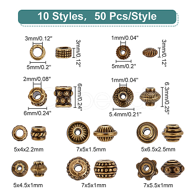 PandaHall Elite 500Pcs 10 Styles Tibetan Style Alloy Spacer Beads TIBEB-PH0004-96-1