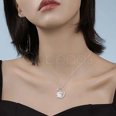 Natural Shell Bunny with Crescent Moon Pendant Necklace with Clear Cubic Zirconia JN1073A-1