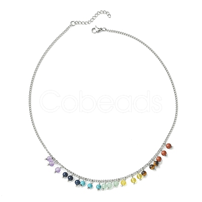 Natural & Synthetic Mixed Gemstone Round Charms Bib Necklace with 304 Stainless Steel Chains NJEW-TA00088-1