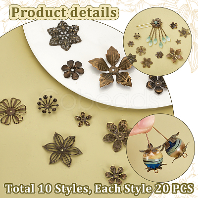 PandaHall Elite 200Pcs 10 Styles Tibetan Style Iron Bead Caps IFIN-PH0002-15-1