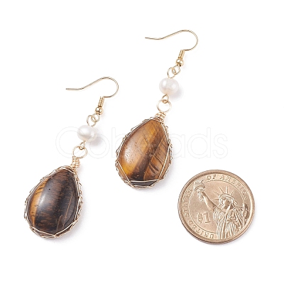 Natural Tiger Eye Teardrop Dangle Earrings with Natural Pearl EJEW-JE04850-04-1