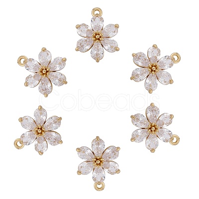 6 Pieces Flower Clear Cubic Zirconia Charm Pendant Brass Flower Charm Long-Lasting Plated Pendant for Jewelry Necklace Bracelet Earring Making Crafts JX406A-1