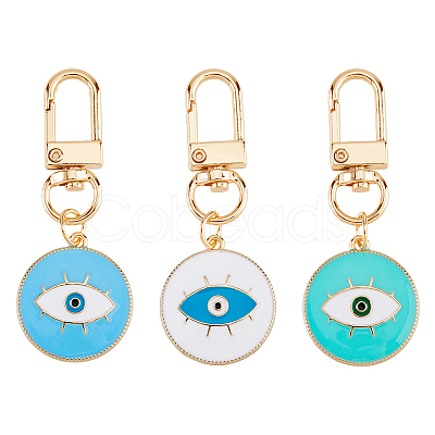 DICOSMETIC 3Pcs 3 Colors Flat Round with Evil Eye Alloy Enamel Pendant Decoration KEYC-DC0001-23-1